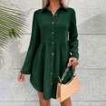 thumbnail image 5 of Homenesgenics Fall Dresses for Women Plus Size Women Solid Color Button Turndown Long Sleeve Dresses Shift Dress Green L, 5 of 9