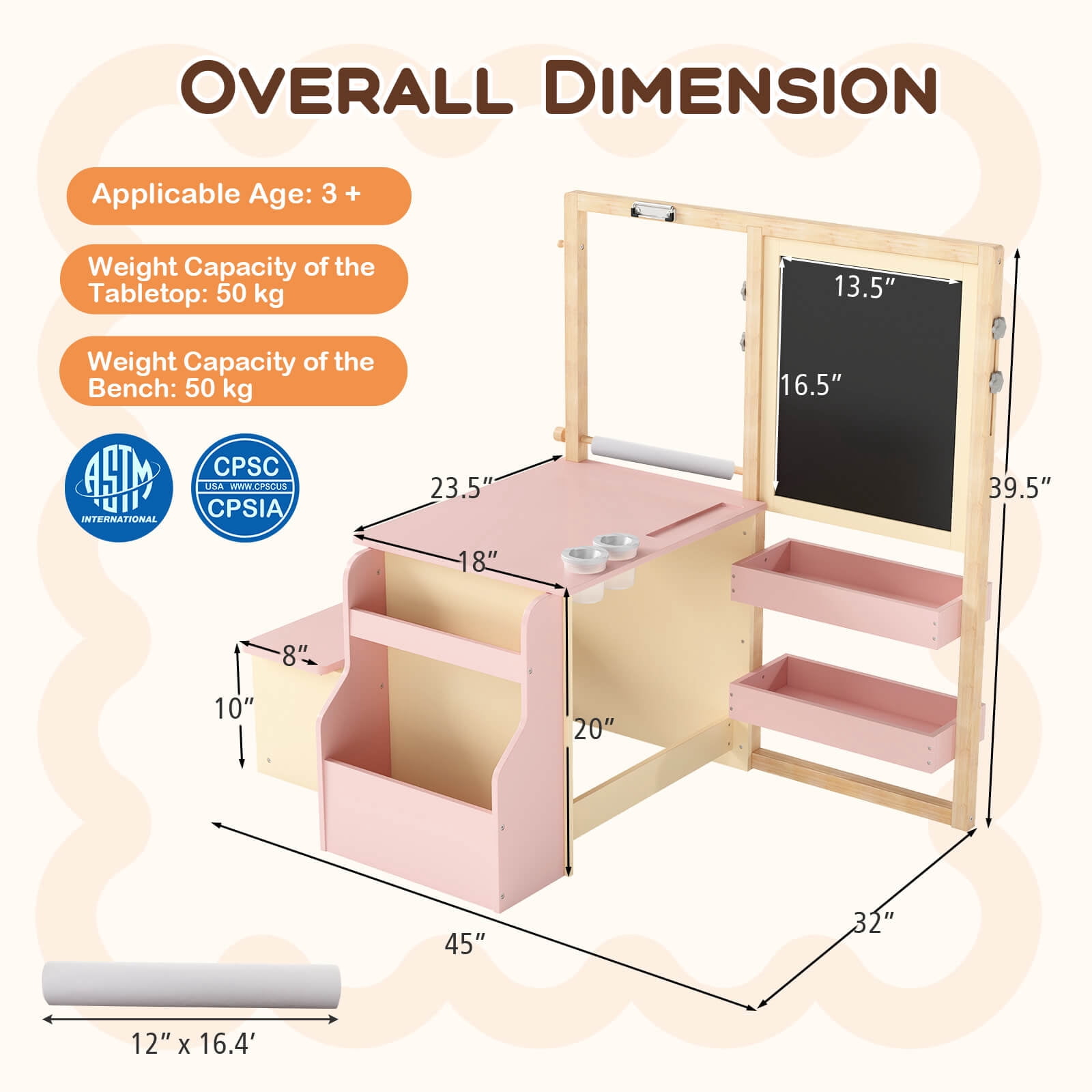 Costway Kids Art Easel & Table & Bench Set with Double-Sided Adjustable Easel, Blackboard Pink