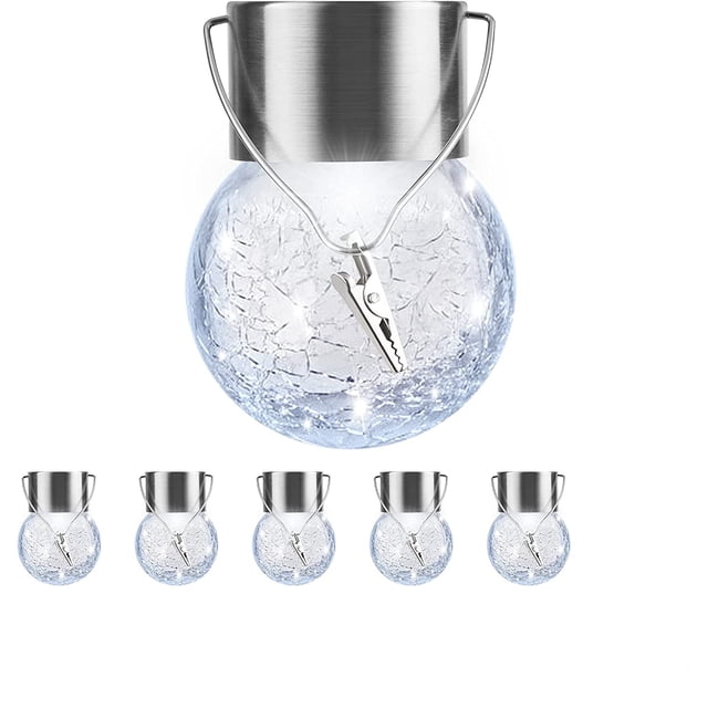Paquete de 6 luces solares colgantes para exteriores, farol solar impermeable con mango y clip, luces decorativas de bola de cristal agrietado para decoración de Navidad, árbol, patio, jardín, Fokelyi WRLF-615-1