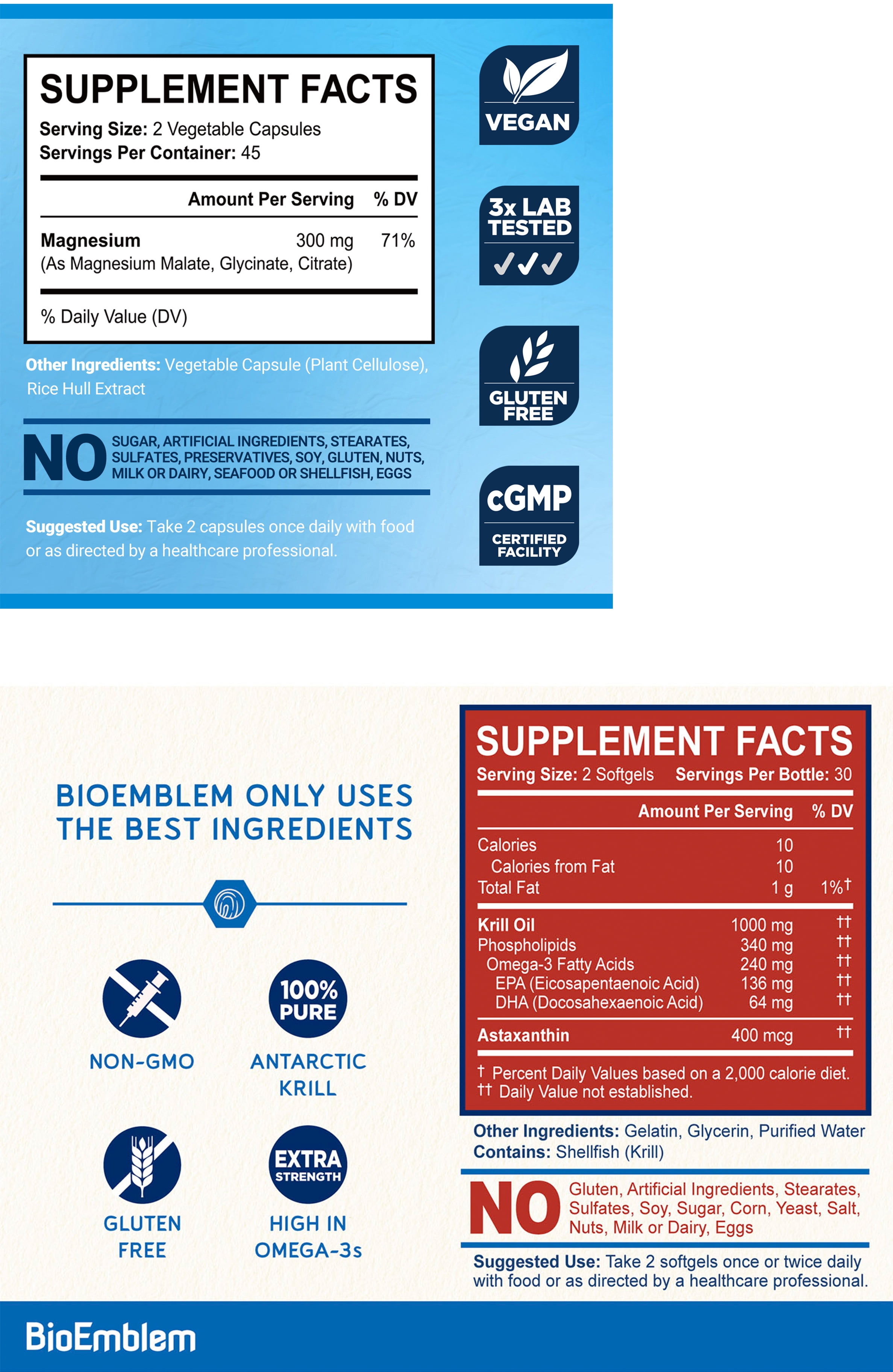 BioEmblem Triple Magnesium Glycinate, Malate, Citrate and Antarctic Krill Oil, Supports Sleep and Brain Health, Heart and Joint Health, Cardiovascular Health