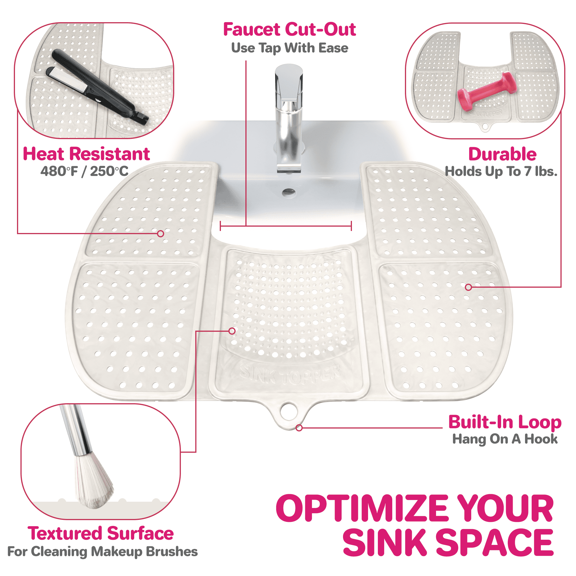 Top-it Sink Mat for More Counter Space. Rollable Sink Cover. Sink Topper.  Makeup Organizer Mat. Must Have Bathroom Accessory.… (White)