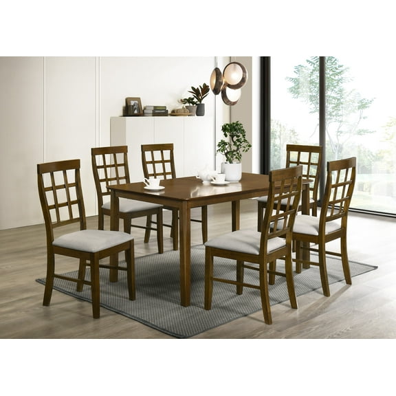 Home Design Troy 7-Piece Dining Set, Brown/Warm Gray, Rectangular Table with Ladder-Back Cushioned Chairs, Modern Style