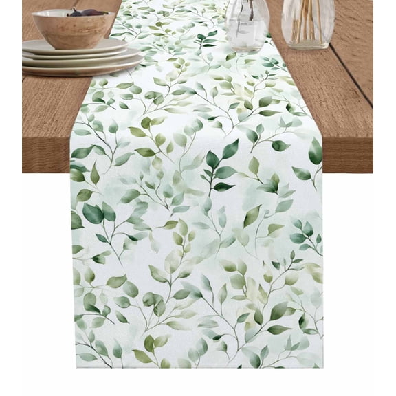 Sage Green Leaves Table Runner 70 Inches, Watercolor Spring Eucalyptus Plants Bed Runner Dresser Scarves Tabletop for Indoor Outdoor Parties/Ceremony/Banquet, 13" x 70"