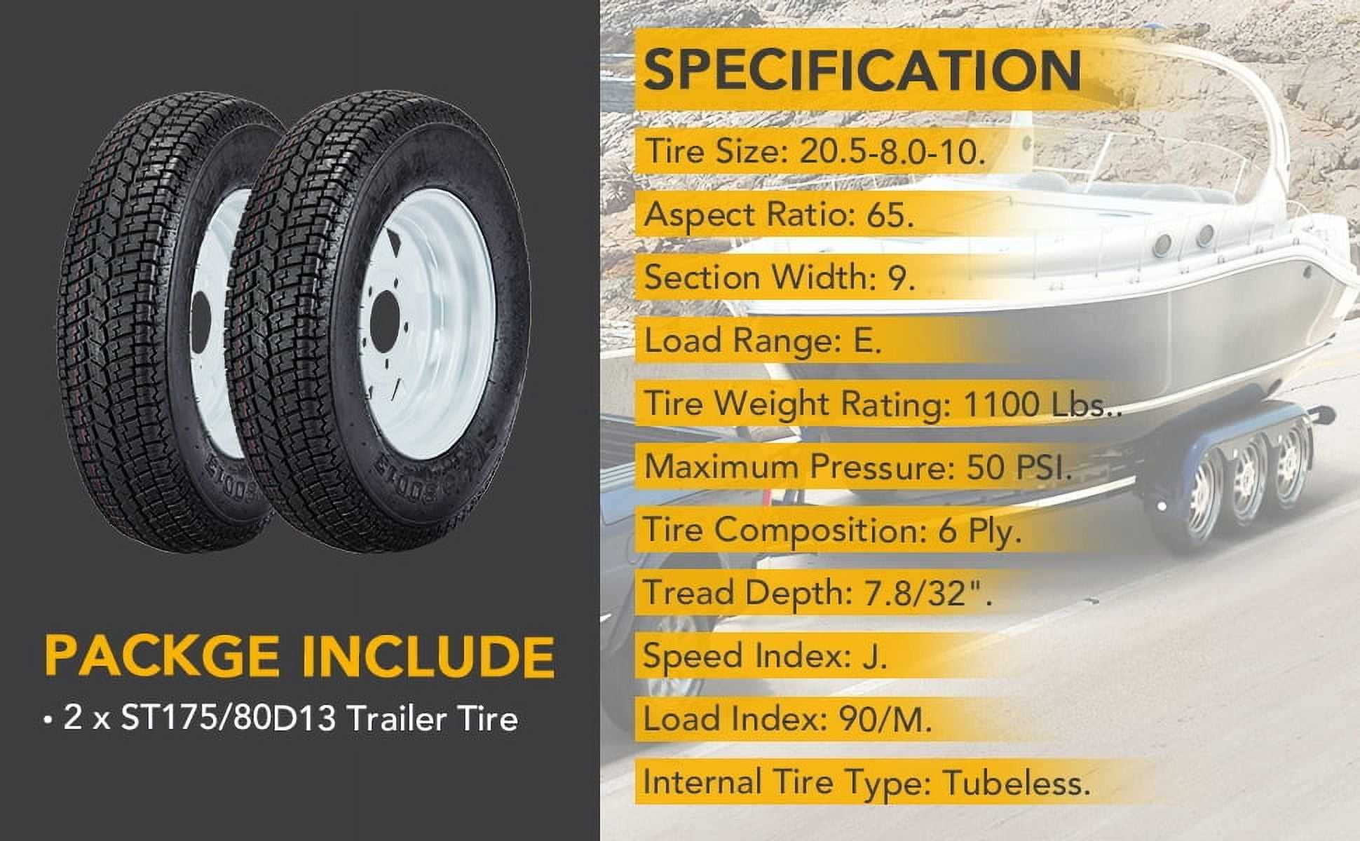 Set of 2 Trailer Tires Rims ST175/80D13 175 80 13 Tire, 5 Lug on 4.5", White Spoke Wheel Load Range C, 6 PLY
