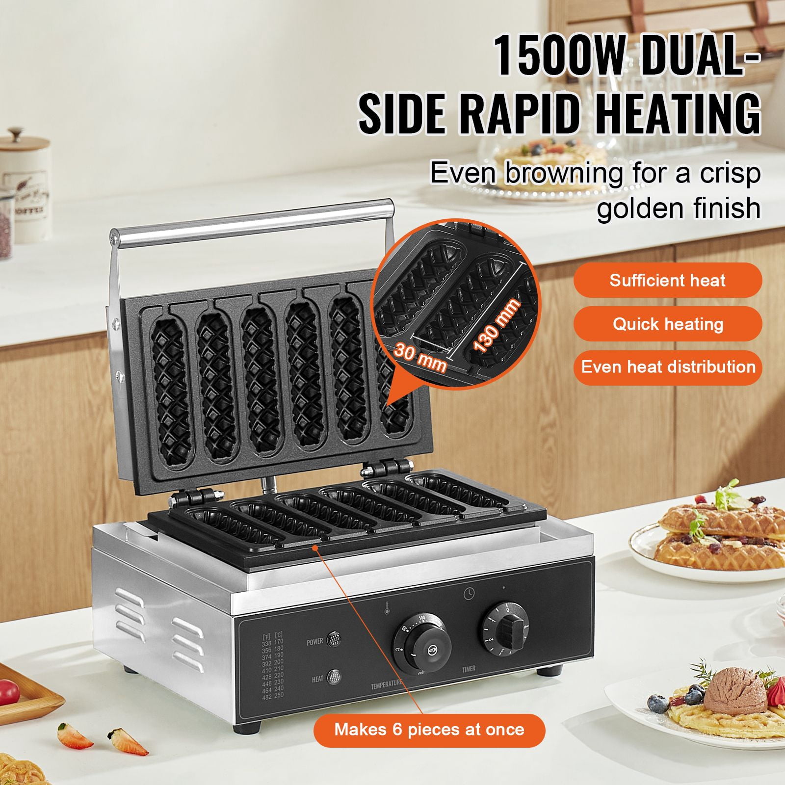Commercial Waffle Stick Maker, 6PCS 1500W Waffle Baker Machine with Temperature & Time Control, Non-Stick Hot Dog Waffle Iron for Restaurant Bakery Snack Bar Family Breakfast