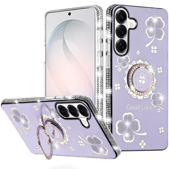 For Samsung Galaxy s26 FE Splendid Glitter with Diamonds All Around Edges Ring Stand Case Cover - Purple