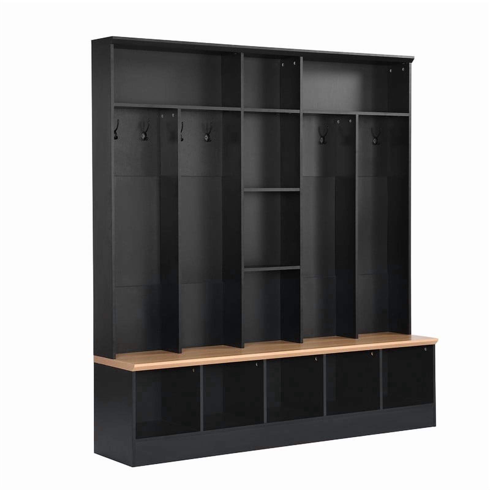 Modern Hall Tree with Storage Bench, Entryway Coat Rack with 8 Hooks, Shoe Cabinet with 5 Cube Compartments and Shelves, Multifunctional Mudroom Organizer for Entryway, Hallway, Living Room
