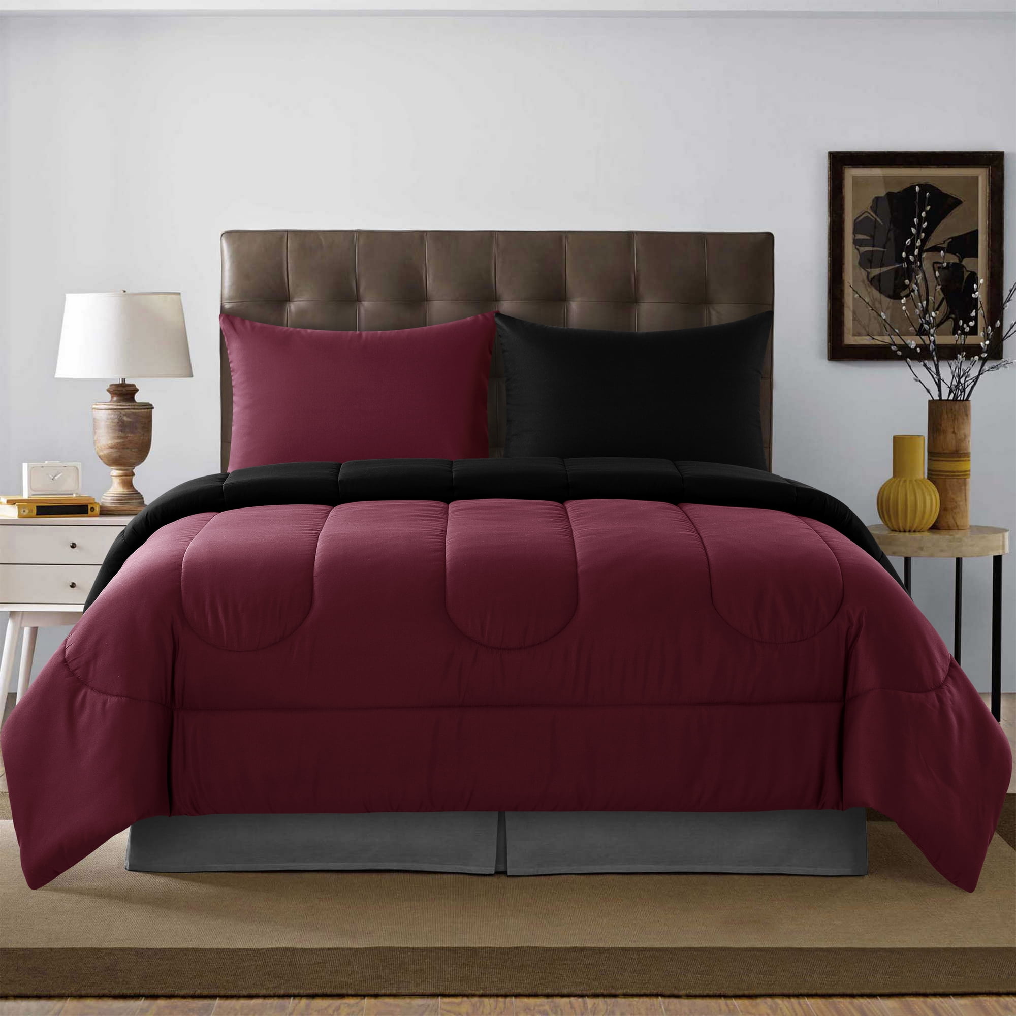 Solid Reversible Black/Burgundy 2piece Twin XL Comforter Set