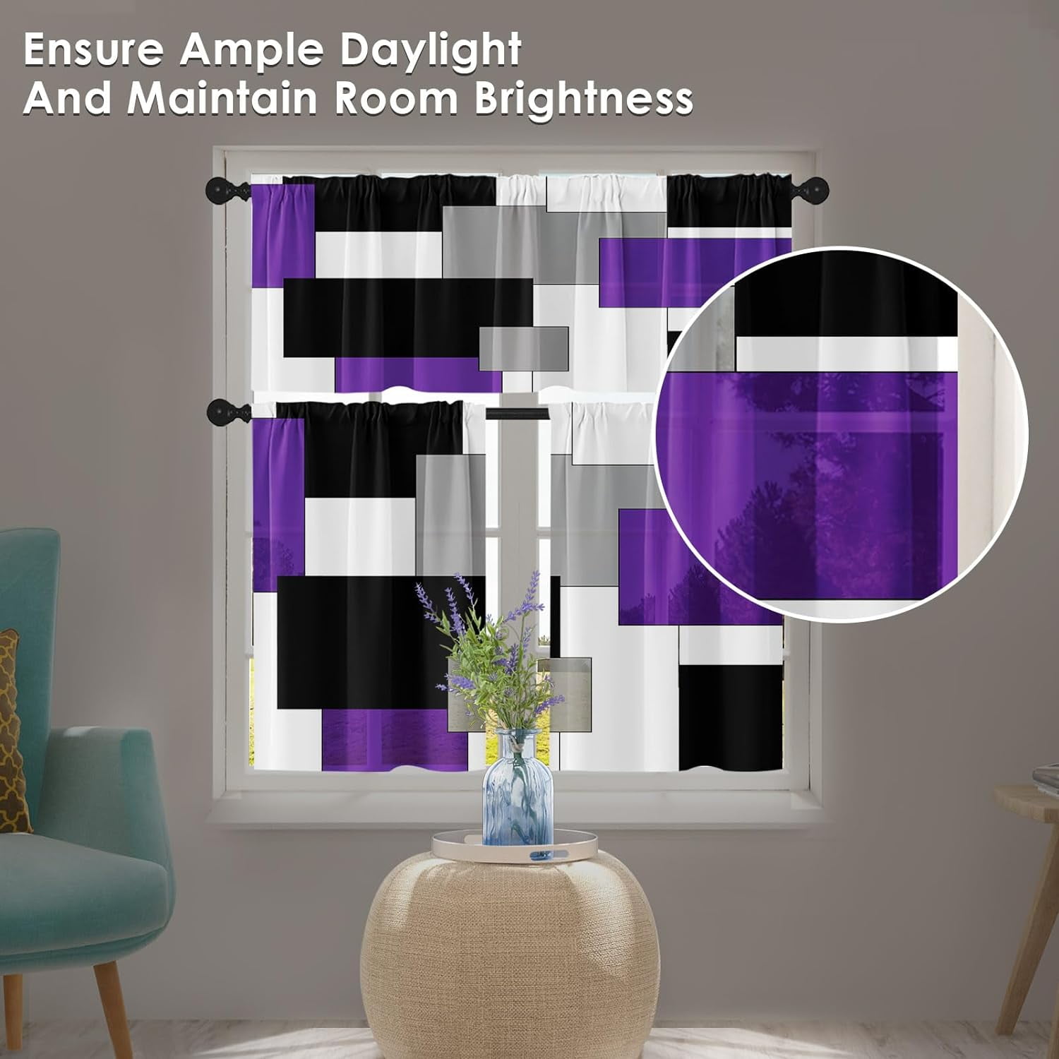 Purple Kitchen Curtains Black Grey Window Curtains Valance and Tier Set 36 Inch, White Modern Rod Pocket Short Tier Curtain for Bathroom, Abstract Art Small Cafe Curtains for Decor