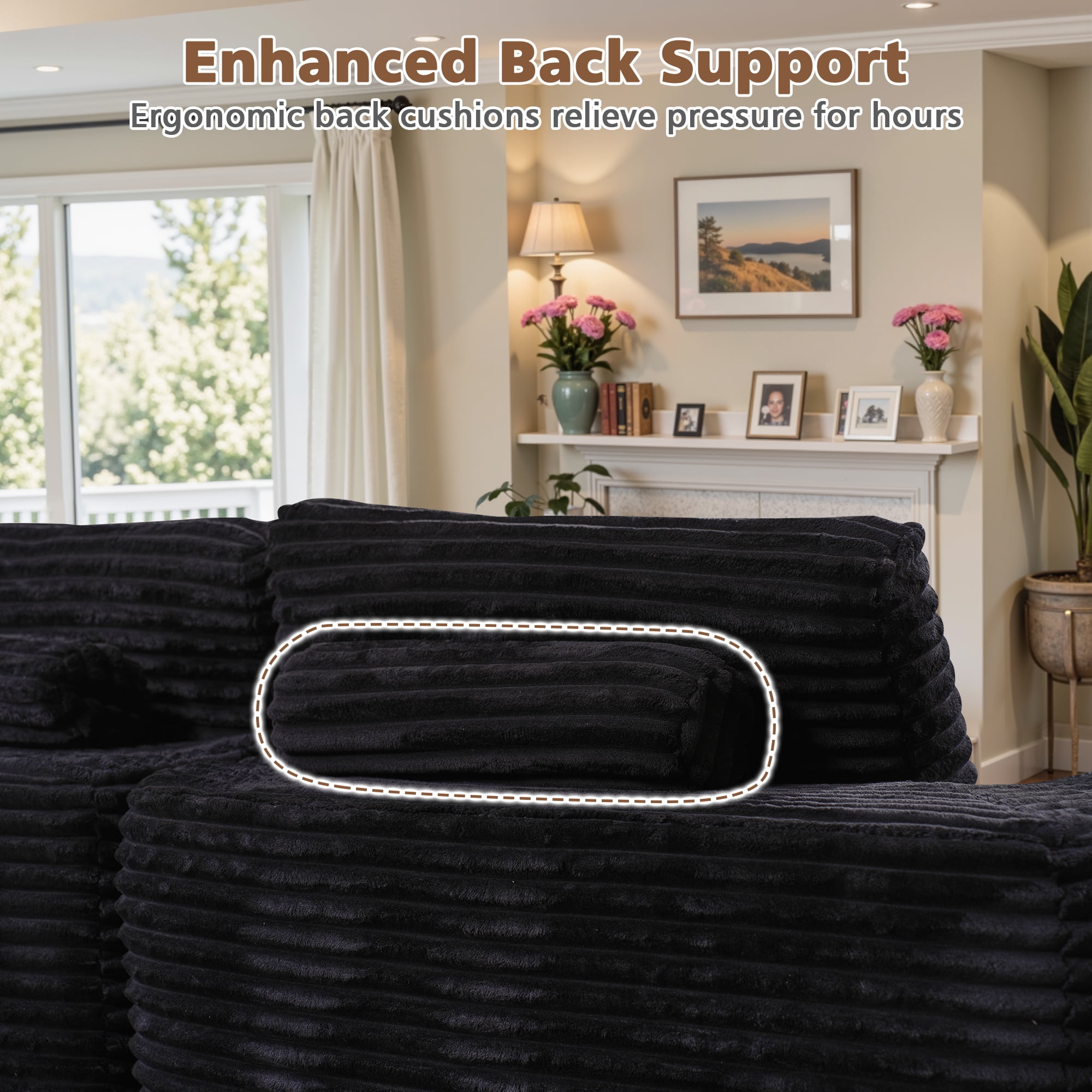 Ovios 106" Modular Cloud Couch Oversized Deep Seat Plush Corduroy Sectional Sofa with Lounge Chair for Living Room, No Assembly, Black