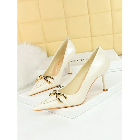 

Chain Decor Point Toe Stiletto Heeled Court Pumps Fashionable Metal Chain In Smog Blue Pure Metallic Monochrome High Heels For Women