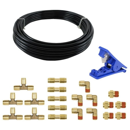 DOT Air Brake Fitting Kit - 3/8 Push-Lock Union Tee Brass Union Connector Male Connector 90° Elbow & 1/2 Blue Plastic Hose Cutter Tool