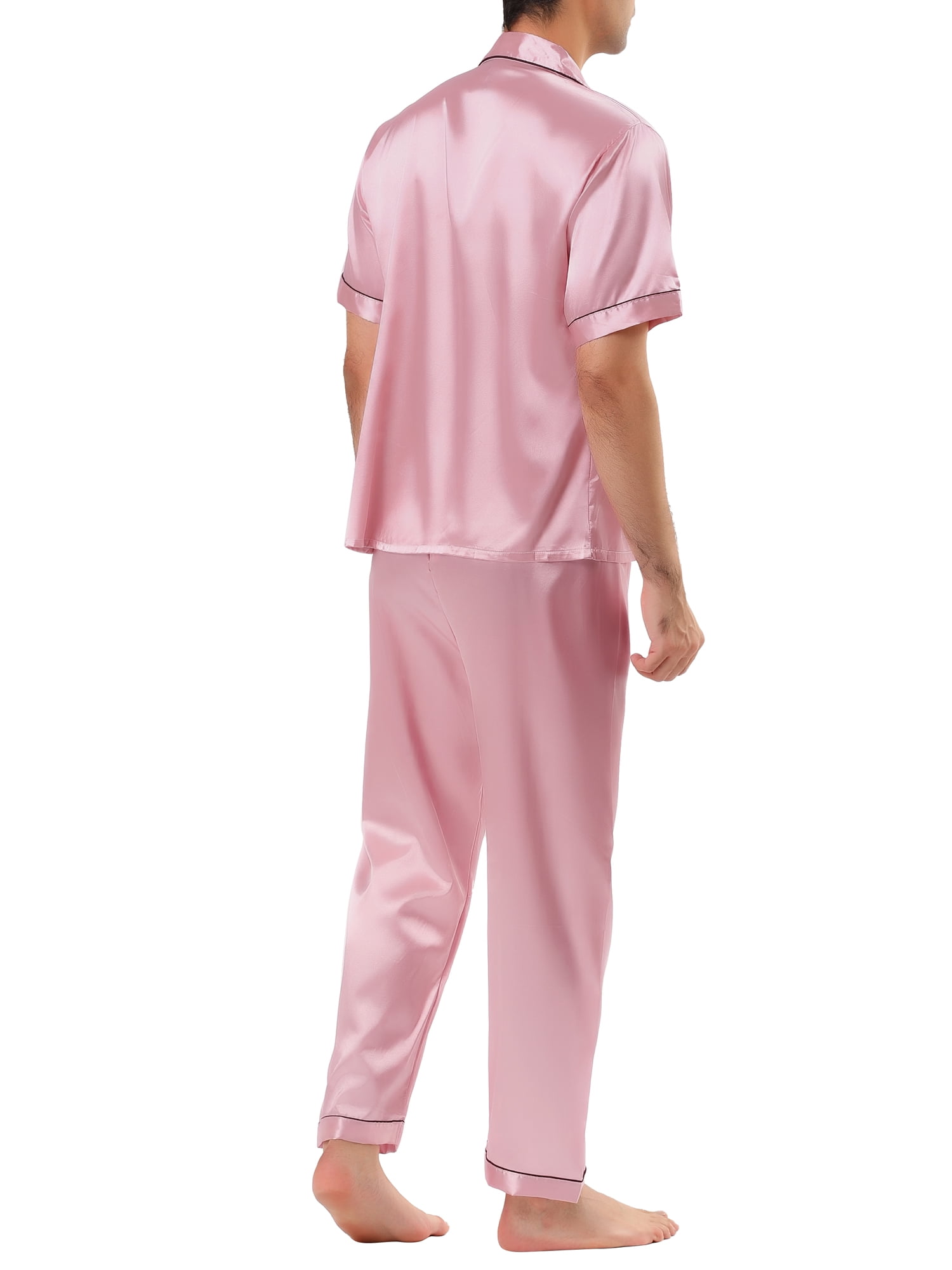 Unique Bargains Men's Button Down Satin Pajama Sets Short Sleeves Nightwear Large Pink