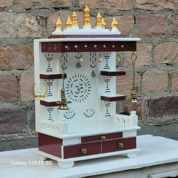 Wooden Temple for Home Pooja Mandir Handcrafted Pooja Mandir Beautiful Hanging Bells with LED Lights White   Dark red Finished Pooja Temple