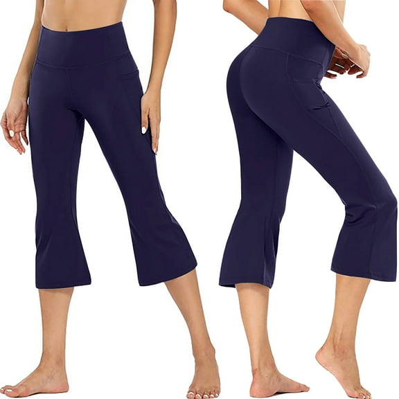Sevevn Women's High Waist Flared Yoga Capri Leggings Workout Cropped Pants with Side Pockets Navy L