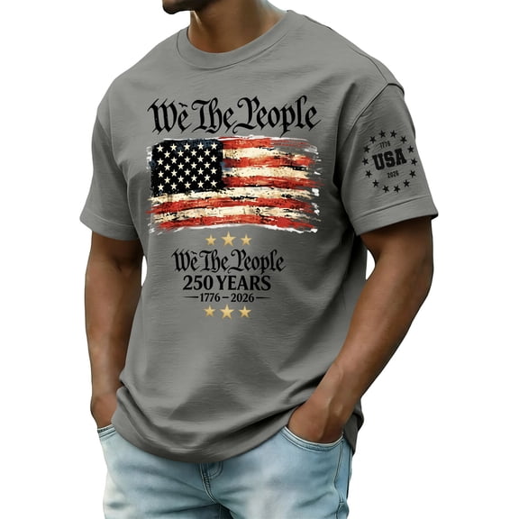 Fabrcox M-5XL 1776-2026 USA 250th Anniversary Shirt Flag Print 4th of July Tee Shirts for Men Celebration Freedom Patriotic Mens Big and Tall Shirt Gray XXXL