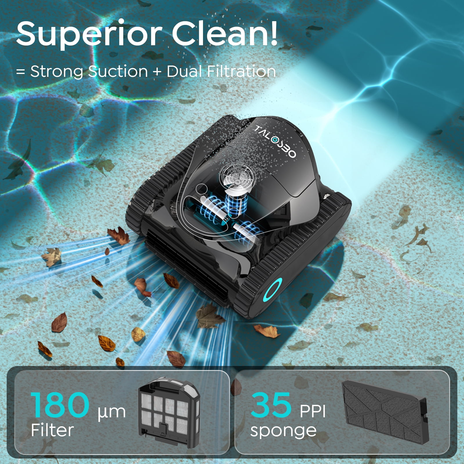 Talosbo C1 Cordless Robotic Pool Vacuum Cleaner with Wall & Waterline Cleaning, 180 Min for Inground Pools Up to 1615 Sq.ft,Dual Filtration, Smart Navigation, App Support