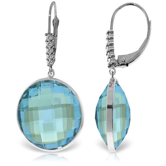 Galaxy Gold 14k White Gold Diamonds Leverback Earring with Checkerboard Cut Blue Topaz
