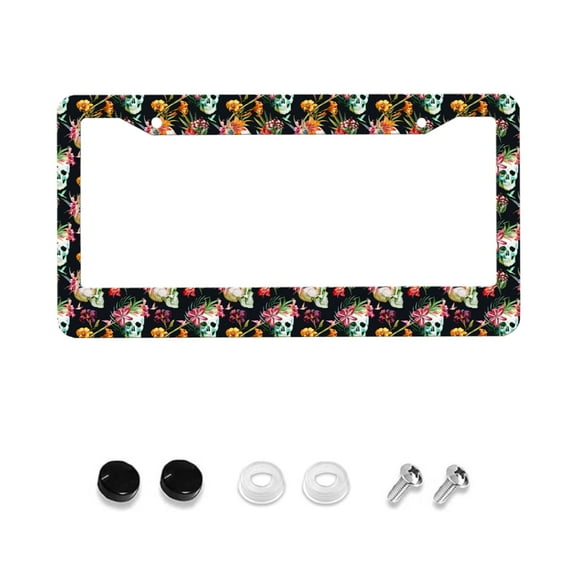 Sugar Skull License Plate Frames Covers Holders Hippie Flower Skull Car Tags Frames Holders Black Car Accessories 2 Pack 2 Hole Aluminum Decorative 1 Pcs Set for Girl Women Men Vehicle,Size 12x6 Inch