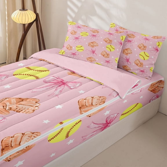 Homewish Softball Sports Kids Zipper Twin Comforter Sets with Fitted Sheet and 2 Pillowcases, Pink Watercolor Bow Zipper Bedding Set, Pink Reversible, 4 Pieces