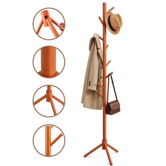 Wavraging Wooden Coat Rack Freestanding, Standing Coat Tree with 8 Hooks and 3 Adjustable Heights, for Bedroom, Hallway, Entryway, Office, Holds Coats, Hats, Scarves & Handbags