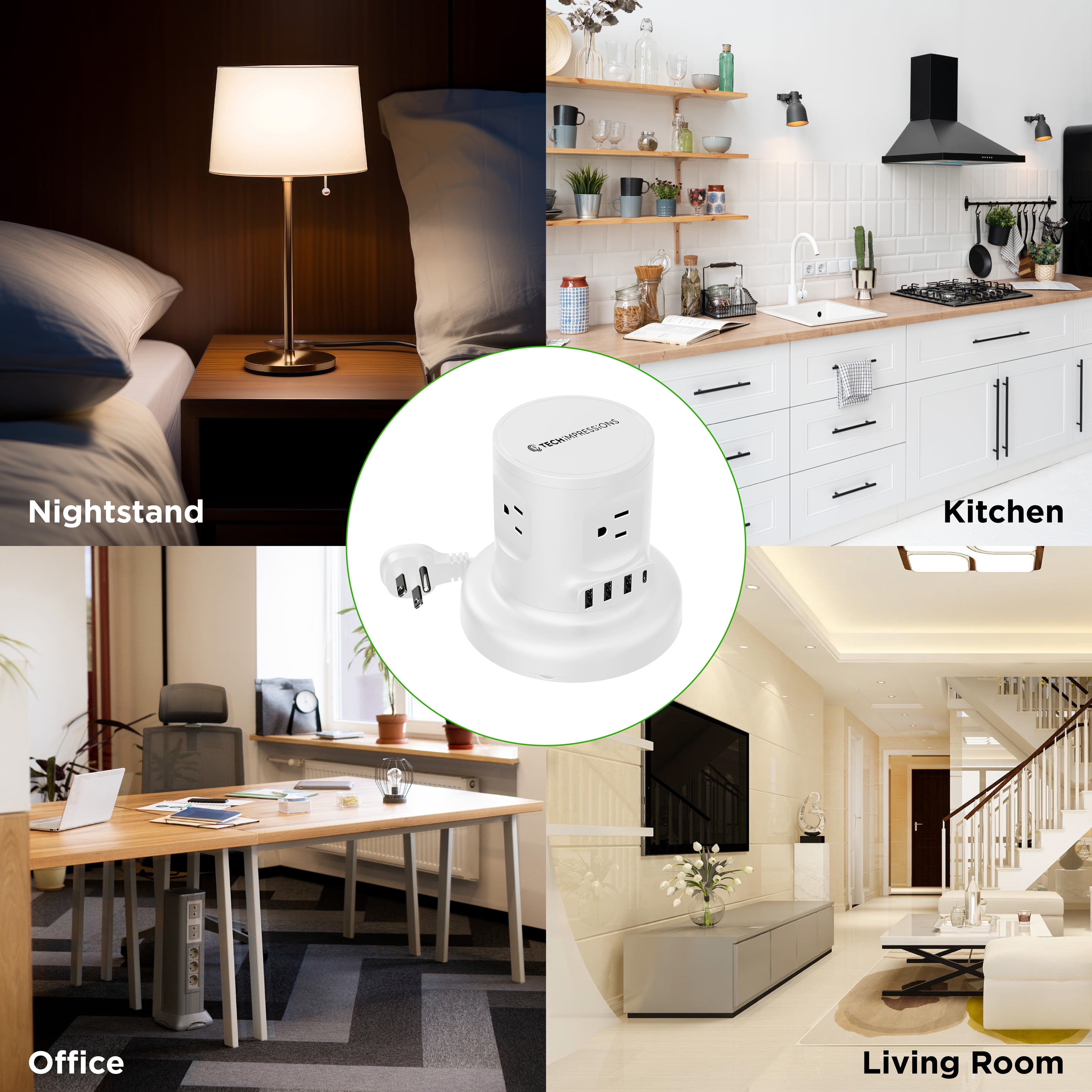 Retractable Power Strip Tower, 8-in-1 Surge Protector with 4 AC Outlets, 2 USB-C, 2 USB-A, 6ft Auto-Retracting Cord, Fast Charging Charging Station, White
