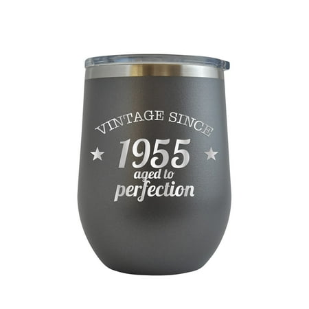 

Vintage Since 1955 Aged to Perfection - Engraved 12 oz Grey Wine Cup Unique Funny Birthday Gift Graduation Gifts for Men or Women 65th Birthday Sixty Five Over the Hill Hilarious 1955