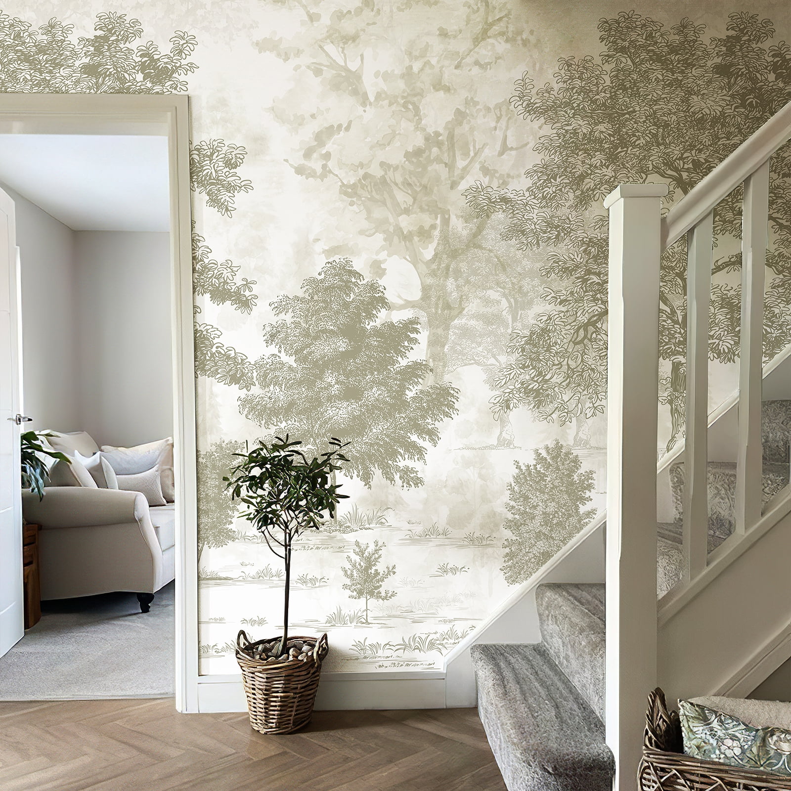 Vintage Forest Wall Mural Peel and Stick 148" W x 98" H Beige Tree Wallpaper Self-Adhesive Large Nature Landscapes Murals Canvas Wall Decor for Bedroom Bathroom