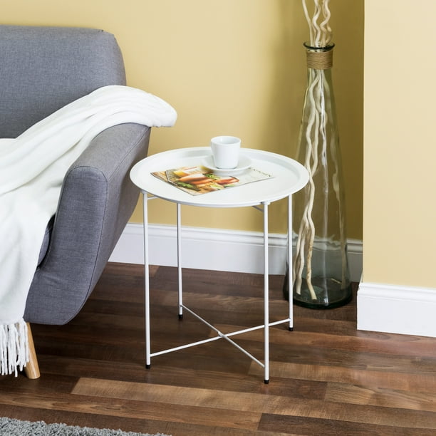 Foldable Round Multi-Purpose Side Accent Metal Table, Matte White