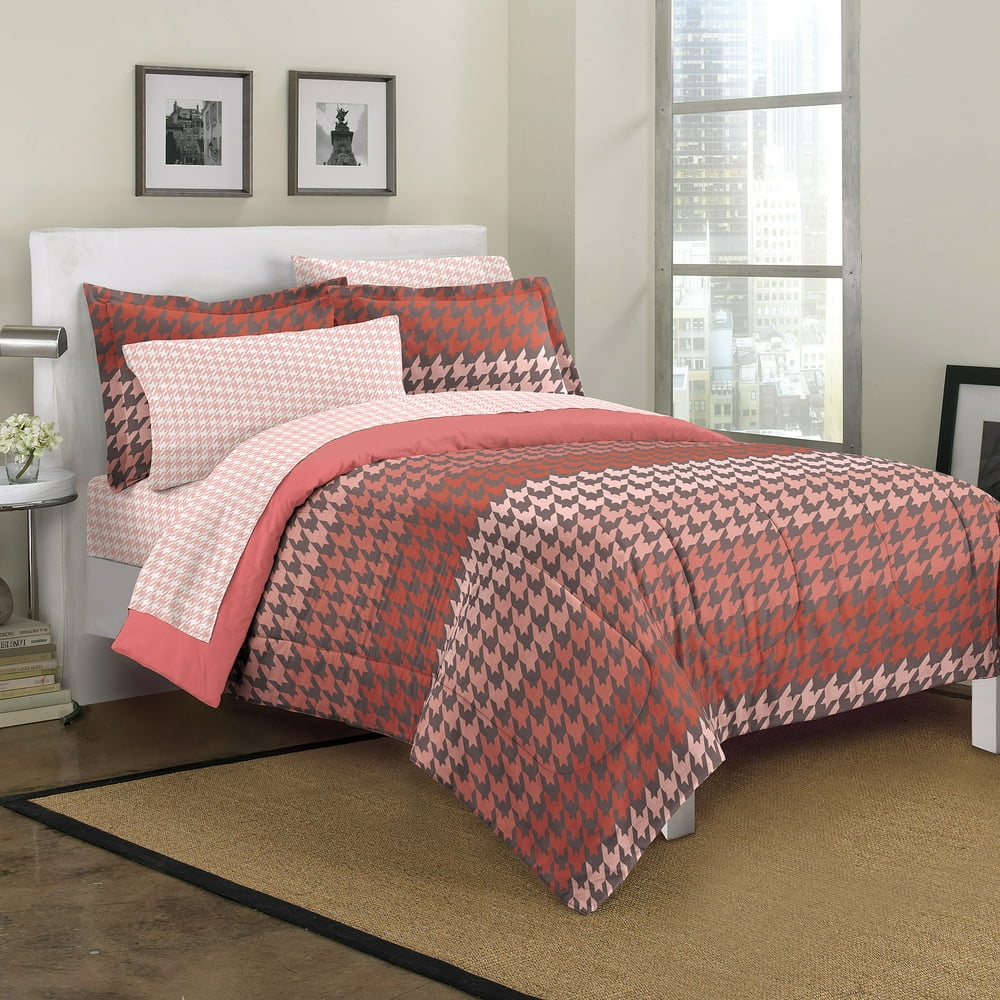 Loft Style Houndstooth Mini Bed In A Bag Bedding Set, Coral, Twin