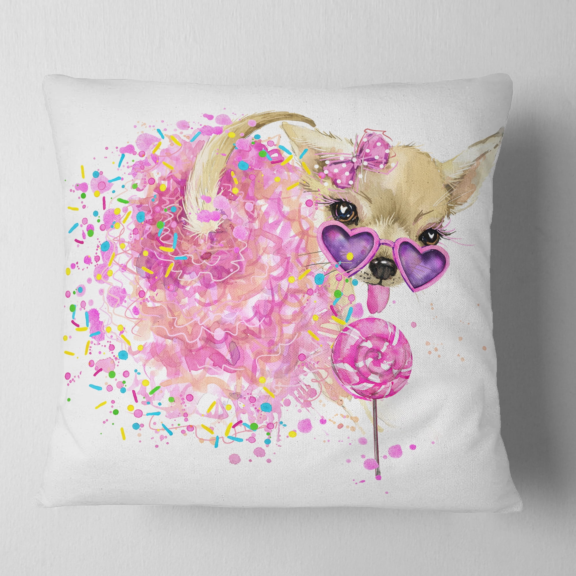 Designart Sweet Pink Dog with Glasses - Animal Throw Pillow - 16x16