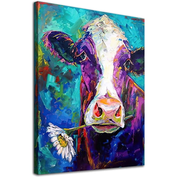 WFSposter Abstract Cow Wall Art Farmhouse Animal Canvas for Bathroom Cow Painting Flower Cow Poster Prints Teal Farmhouse Pictures Cow Watercolor Painting Daisy Cow Art Colorful Cow Artwork 16x24