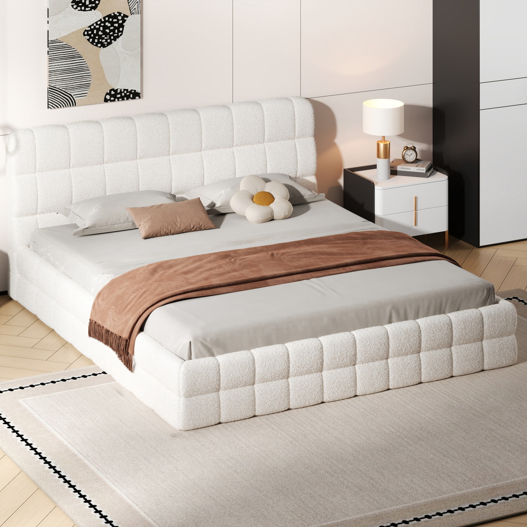 Noble House King Size Upholstered Platform Bed, Berber Fleece Bed Frame with Foam Headboard, Modern Design, White