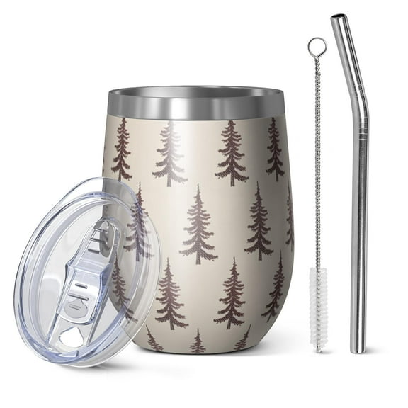 12oz Stemless Wine Tumblers Brown Christmas Tree Pattern Vacuum Insulated Stainless Steel Travel Tumbler Cups Mug with Lid and Straw for Champaign,Cocktail,Beer with Cleaning Brush