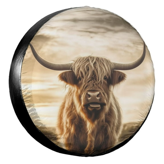 KAKALAD Long Horns Highland Cow Standing In Field 02 Spare Tire Cover Universal Car Vehicle Tools For Rv SUV Truck Camper Travel Trailer Accessories Buckle 14” Inch