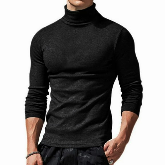 COSFO Casual Shirts for Men Turtleneck Black Long Sleeve Pullover Solid T Shirts Men