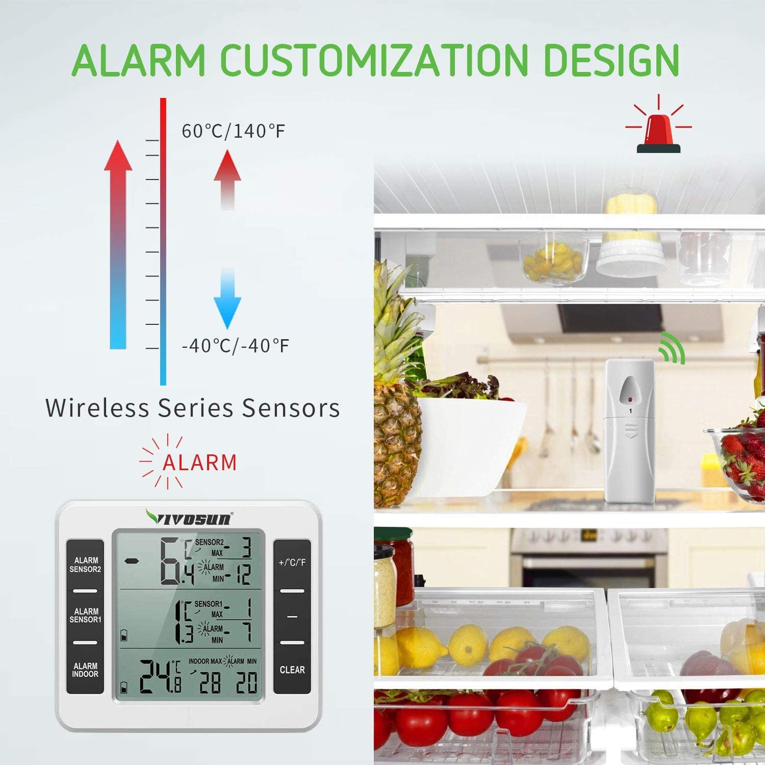 Wireless wifi Refrigerator 2 Sensor Thermometer Digital Freezer Audible Alarm US 