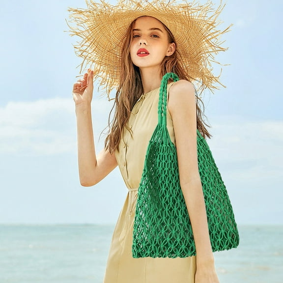 PEONAVET Crochet Mesh Beach Tote Bag for Woman, String Shoulder Handbags, Soft Foldable Swim Knitting Beach Bag for Summer Vacation(Green)