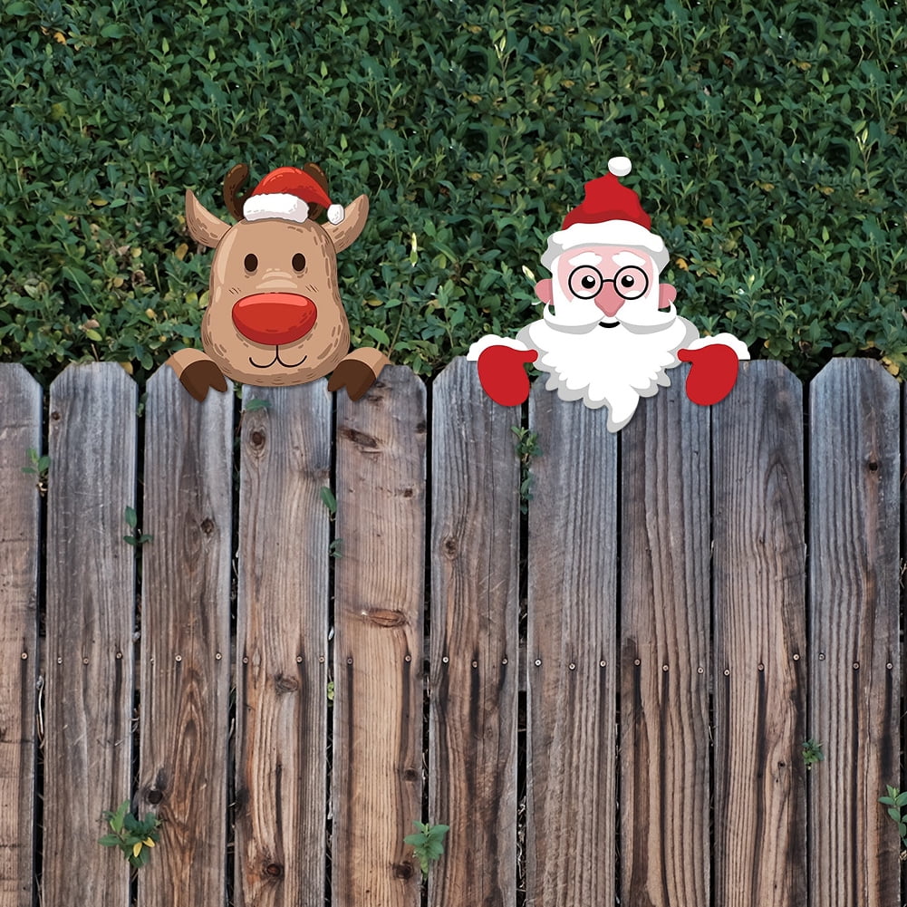 2PCS Christmas Fence Peeker Decoration - Santa Claus Elk Peeking Garden ...