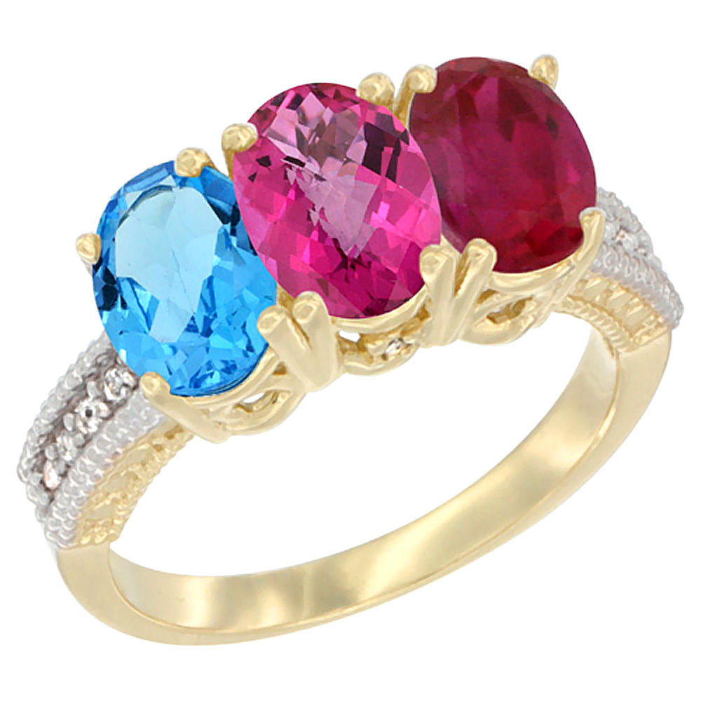 10K Yellow Gold Diamond Natural Swiss Blue Topaz, Pink Topaz & Enhanced Ruby Ring 3-Stone Oval 7x5 mm, sizes 5 10 by WorldJewels