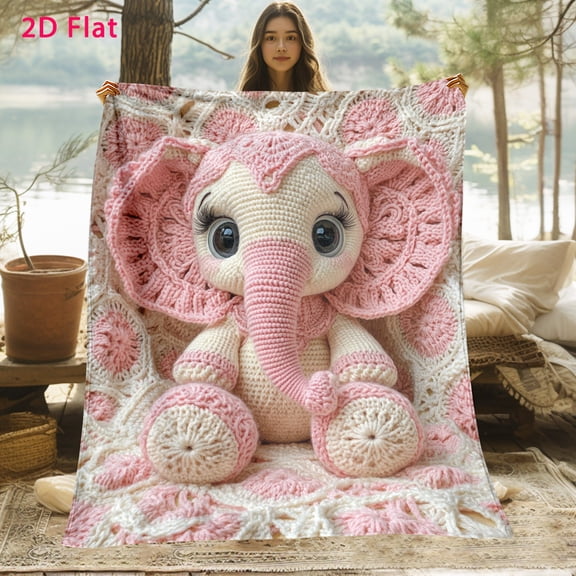 Pink Crochet Elephant 2D Digital Print Flannel Blanket Soft Warm Lightweight Portable for Home Decor Travel Camping Living Room Office Sofa Chair Bed