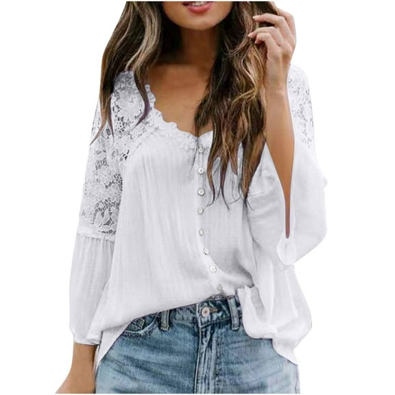 Button Shirts for Womens V Neck Crochet Lace Tops Elegant Casual Loose Long Sleeve Shirts Plus Size Chiffon Blouses Pullover