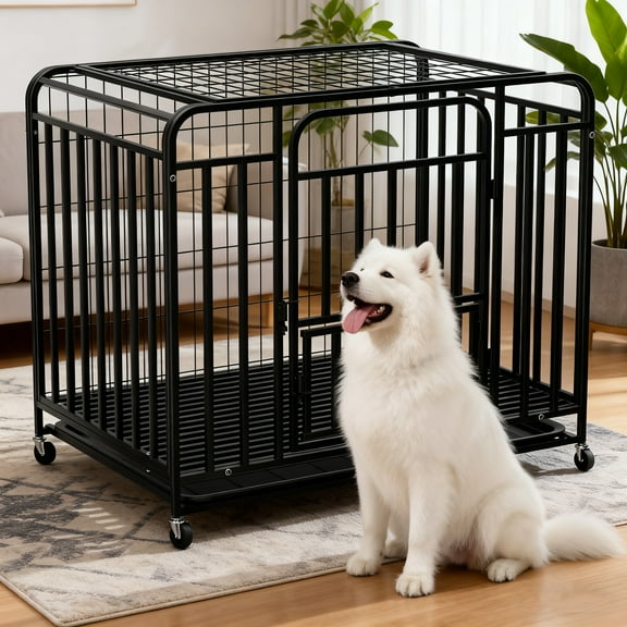 42 Inch Dog Crate Kennel with Wheels, 200lbs Capacity Escape Proof Dog Cage, with Removable Plastic Tray,Black