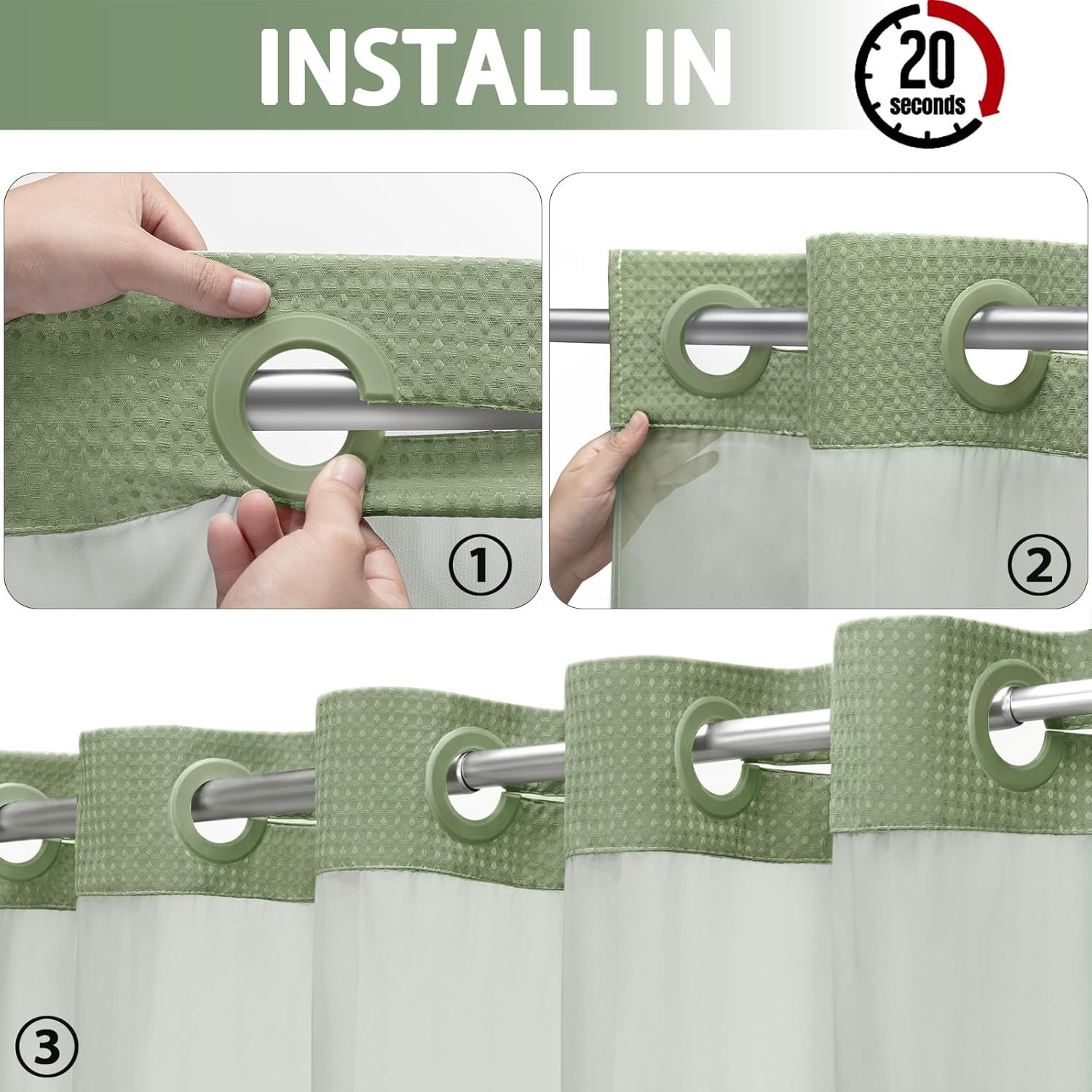 No Hook Shower Curtain with Snap in Liner Set Less Time Black Waffle Shower Curtain for Bathroom 75" L x 72" W