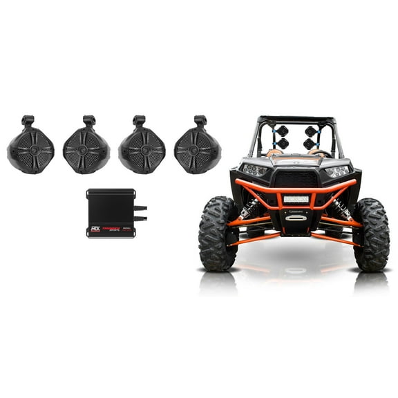 (4) 8" Rollbar Roll Cage Tower Speakers for Polaris RZR MTX 4-Channel Amplifier