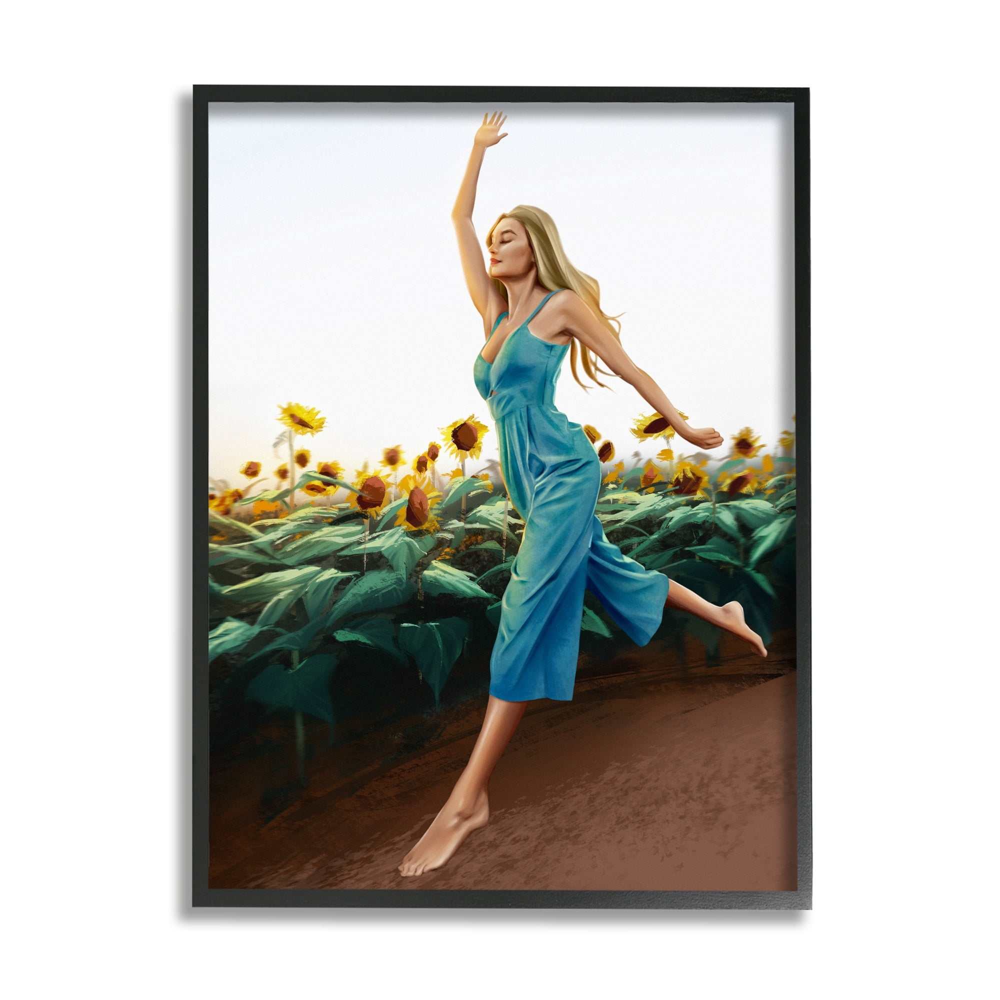 Stupell Industries Woman Running Through Rural Sunflower Meadow Field Painting Black Framed Art Print Wall Art, Design by Ziwei Li