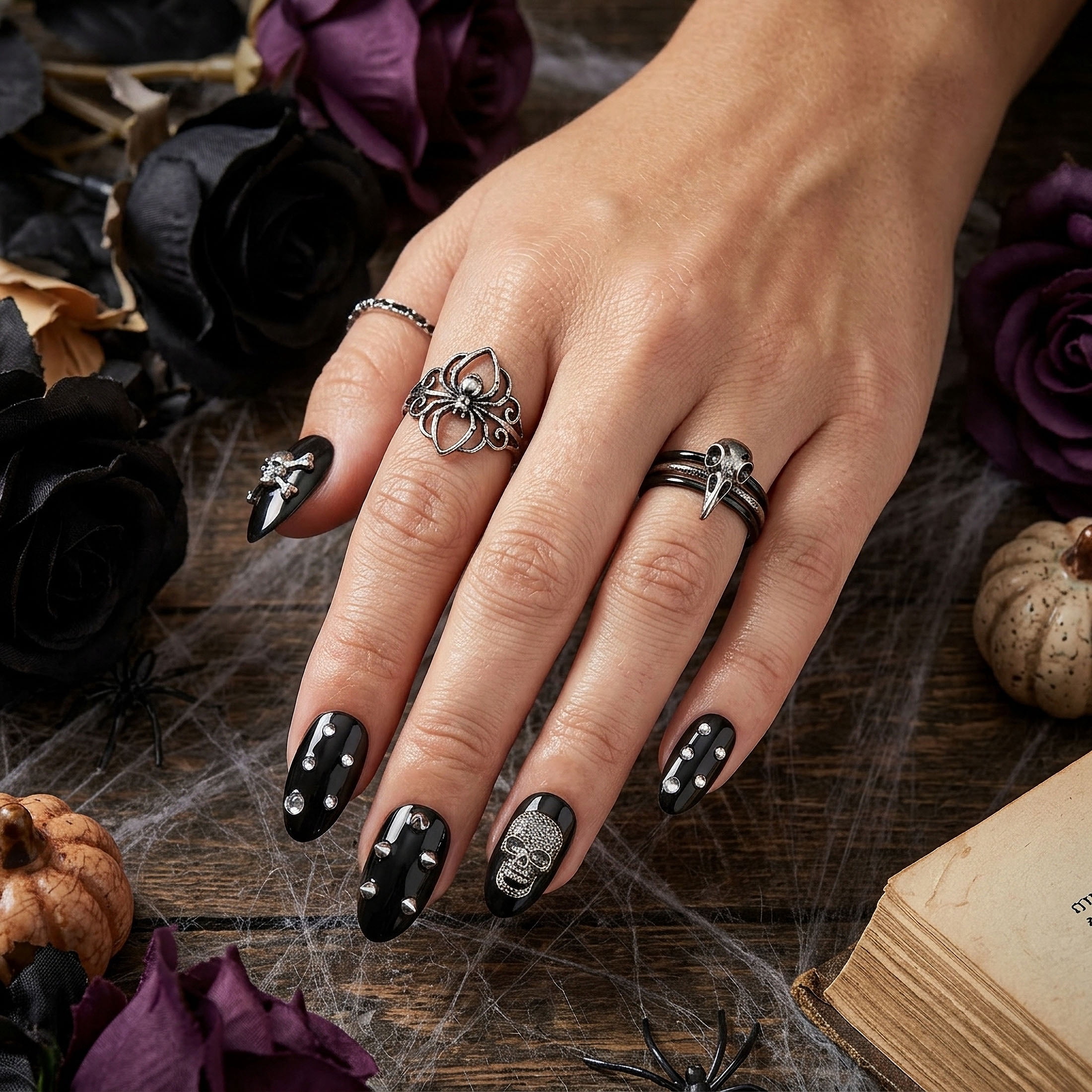 Expressions 24-Pack Self Adhesive Halloween Press-On Nails - Black Skulls & Studs