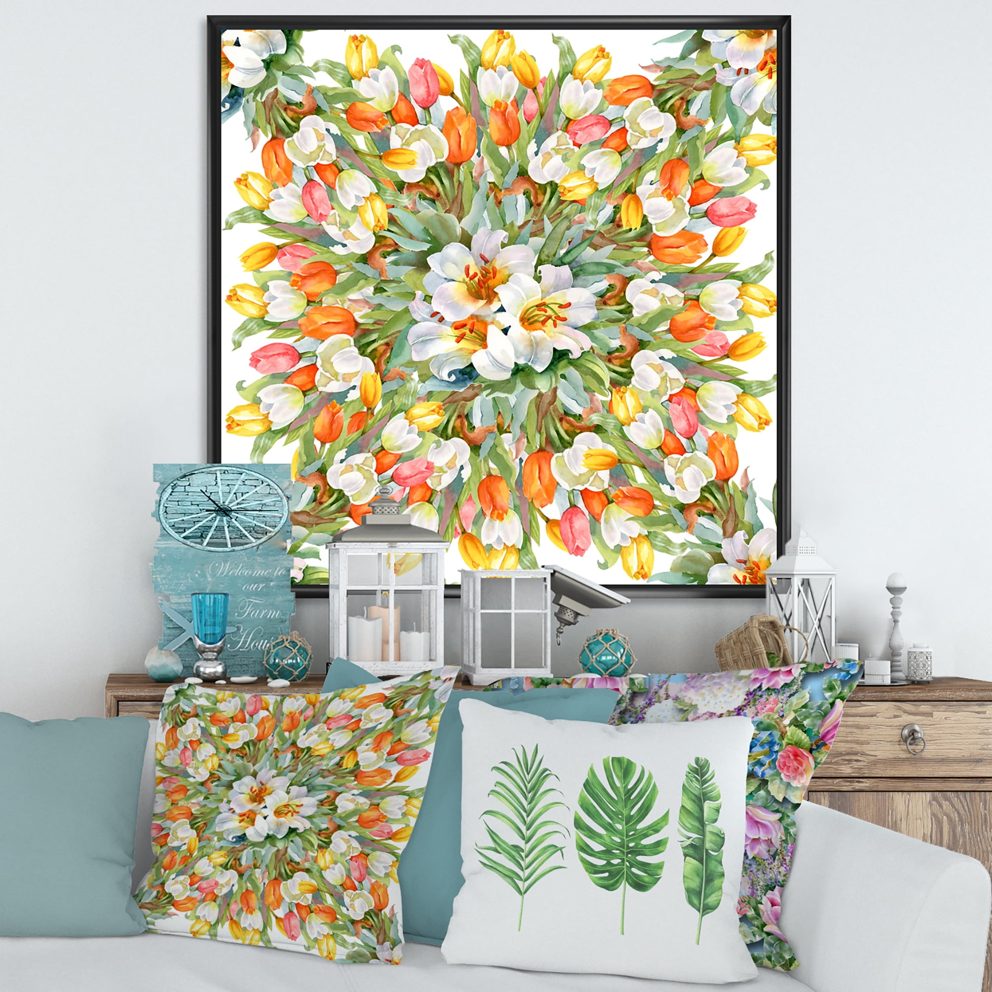 Designart 'Blooming Orange and White Tulips I' Traditional Framed Canvas Wall Art Print