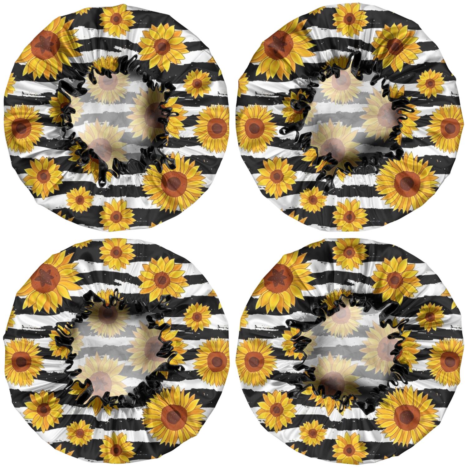 Shower Caps,Black White Stripe Sunflower Pattern Waterproof Shower Cap for Women 4 Pieces,Double Reusable Hair Cover for Shower PEVA Elastic Stretch Hem
