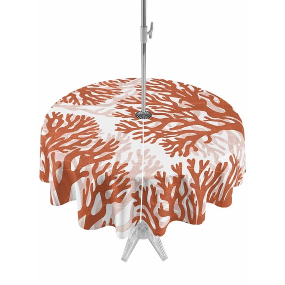Outdoor Tablecloth with Umbrella Hole for Patio/Picnic/Party/Camping, Red Coral Waterproof Table Cloth Round Cover Washable, Coastal Summer Ocean Nautical Sea (Dia 60")
